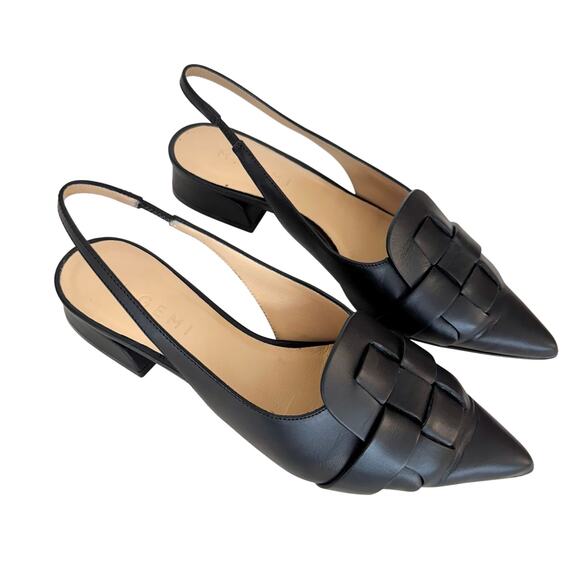 M. Gemi Woven Slingback Pointed Toe Kitten Heel Shoes Black Leather Size 36 - Picture 1 of 12